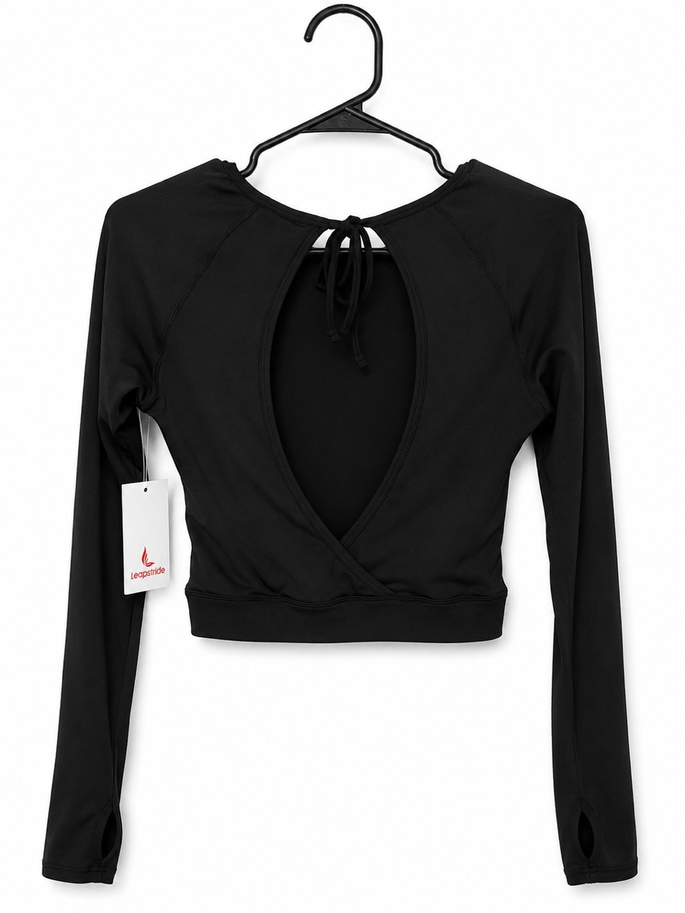 Leapstride Open Back Long Sleeve Athletic Crop Top Black Medium NWT